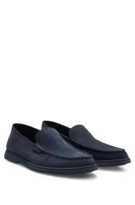 Nubuck moccasins with embossed logo and apron toe