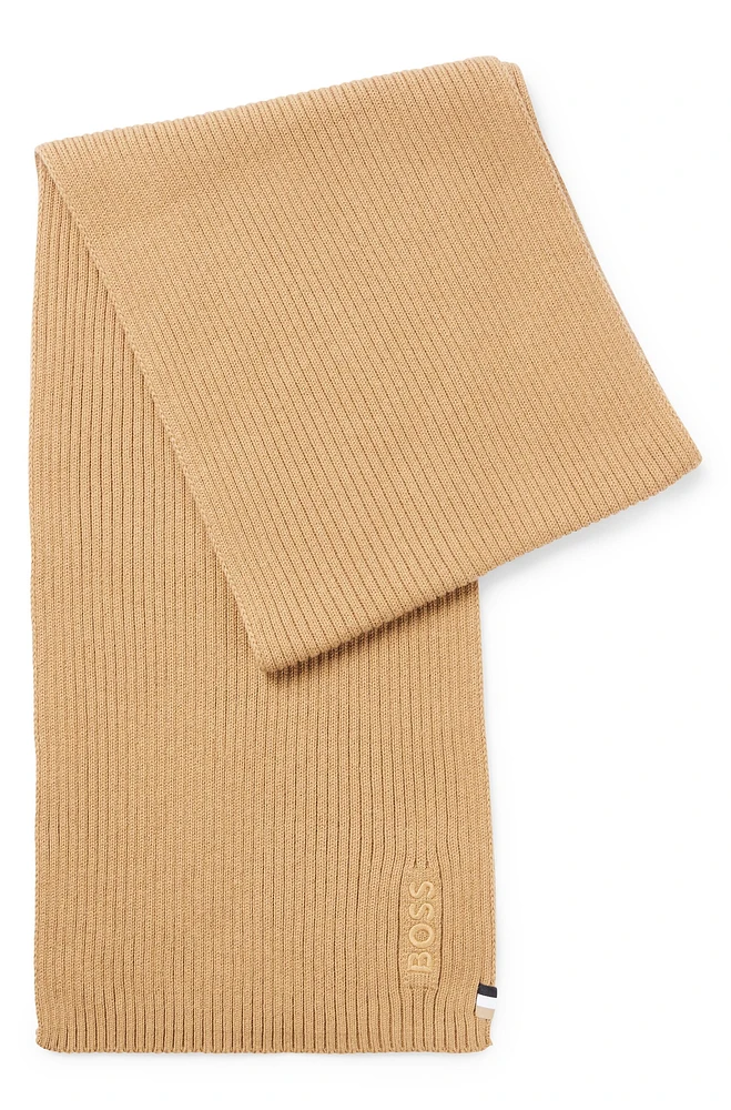 BOSS - Ribbed scarf in a cotton blend with logo details