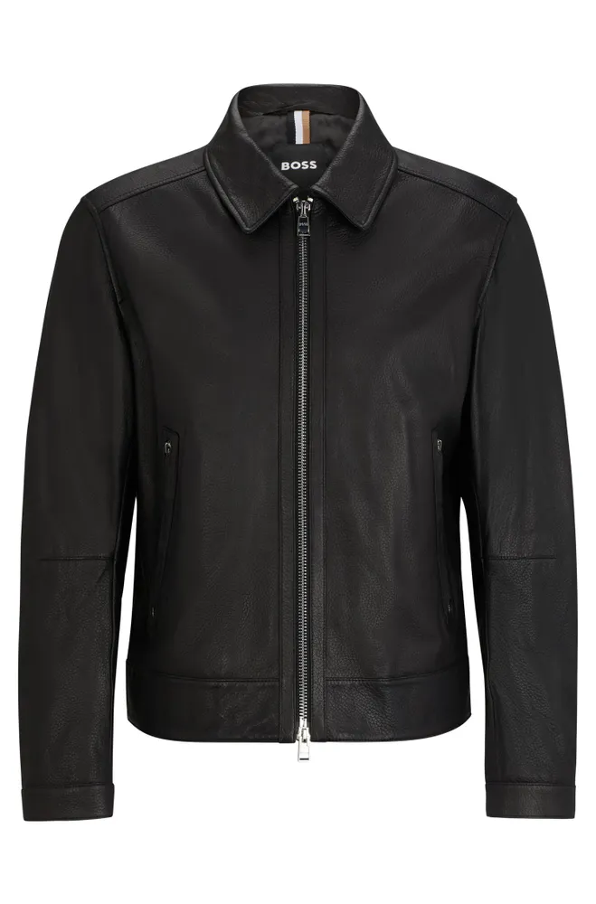 Leather jacket with two-way zip