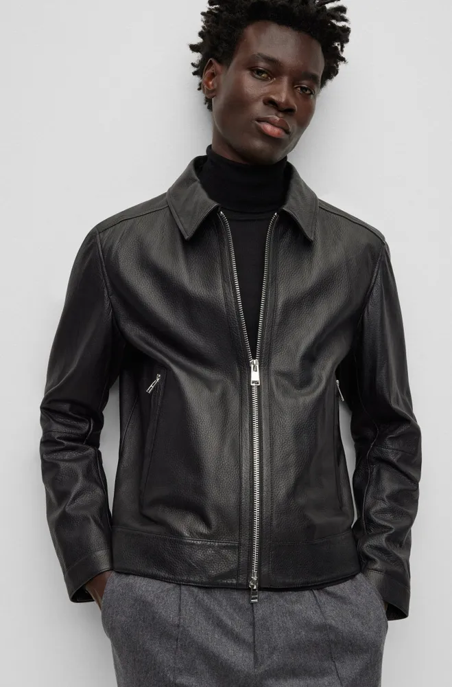 Leather jacket with two-way zip