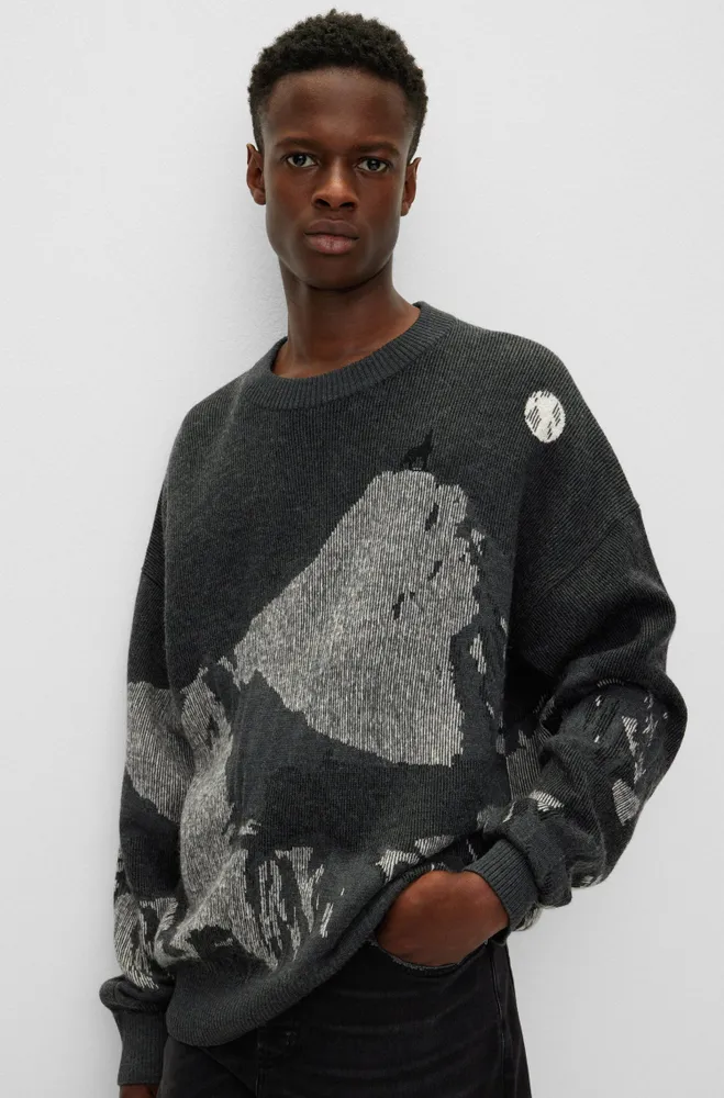 Wool-blend oversize-fit sweater with seasonal jacquard