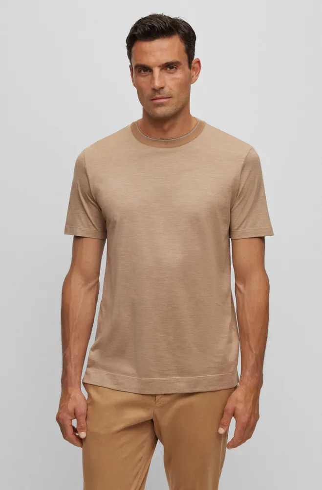 Cotton-silk T-shirt with fineline stripes and double collar