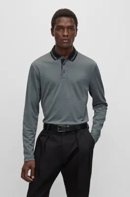 Slim-fit long-sleeved polo shirt with woven pattern