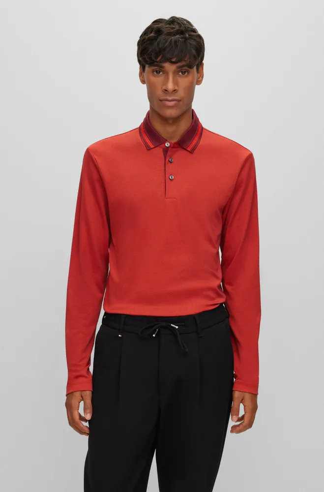 Slim-fit long-sleeved polo shirt with woven pattern