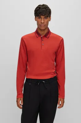 Slim-fit long-sleeved polo shirt with woven pattern