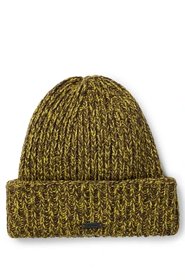 Chunky-knit beanie hat with faux-leather logo plaque