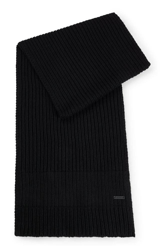 Knitted scarf with faux-leather logo plaque