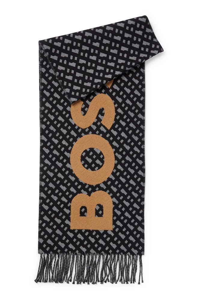 BOSS - Fringed scarf with logo and monograms - Black