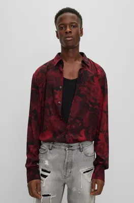 Slim-fit shirt rose-print canvas