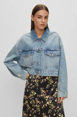Cropped jacket blue rigid denim with rhinestone detail