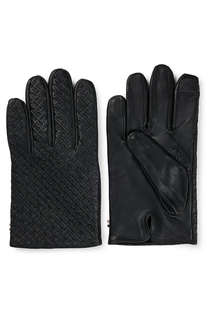 BOSS - Monogrammed gloves leather with touchscreen-friendly fingertips Black