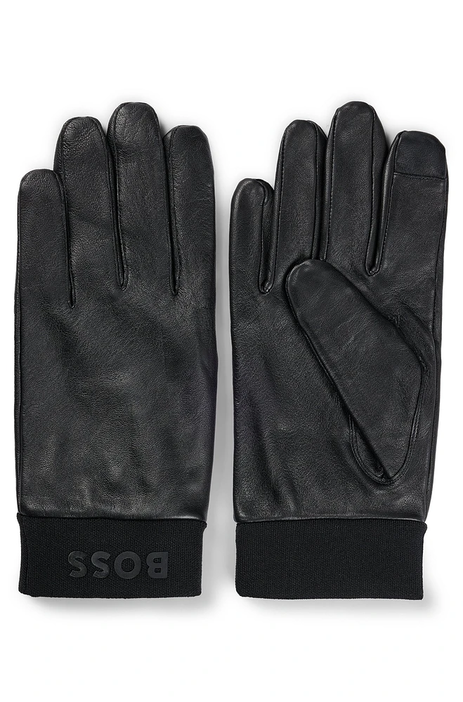 BOSS - Leather gloves with branding and touchscreen-friendly fingertips Black