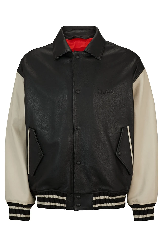 Leather varsity jacket with oversize embossed logo