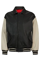 Leather varsity jacket with oversize embossed logo