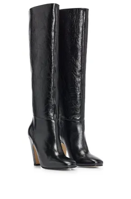 High-heeled knee boots crinkled leather