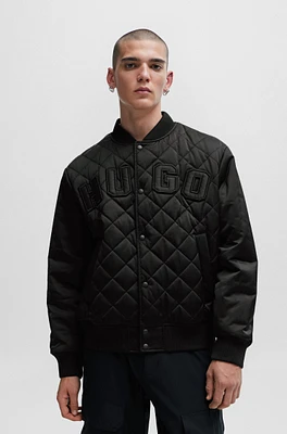 Water-repellent satin bomber jacket with varsity-style logo