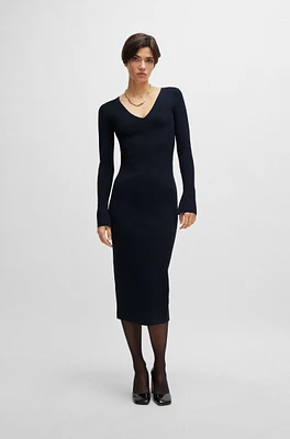 Long-sleeved knitted dress with ribbed structure and V neckline