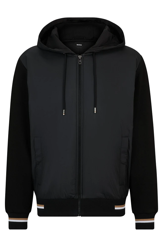 Mixed-material zip-up hoodie with signature-stripe trims