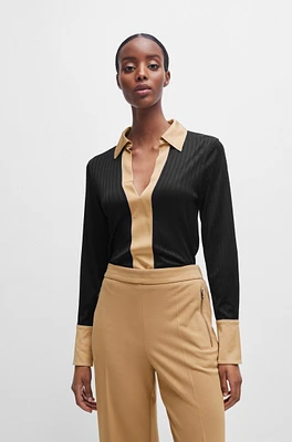 Ribbed long-sleeved blouse with Johnny collar