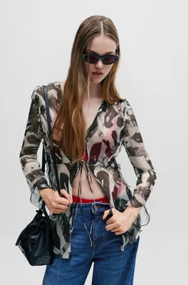 Regular-fit blouse printed chiffon with tie front