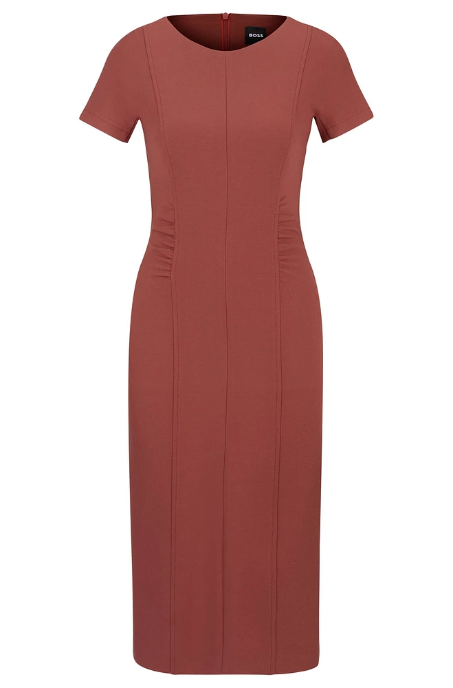 Slit-front business dress with gathered details