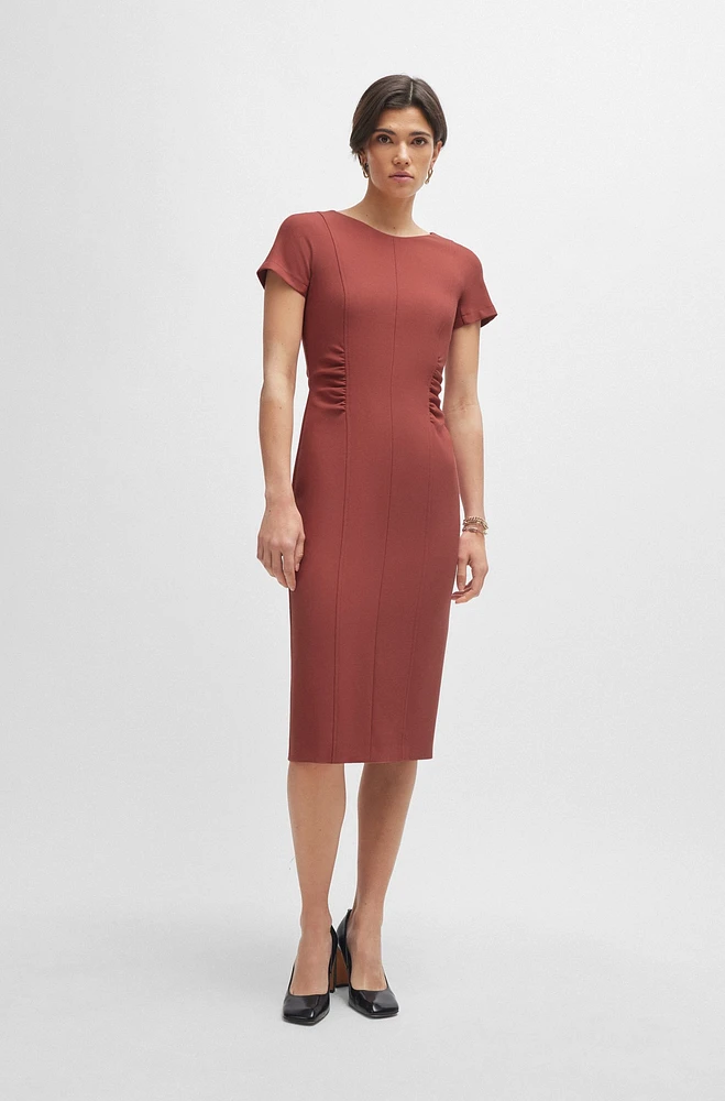 Slit-front business dress with gathered details