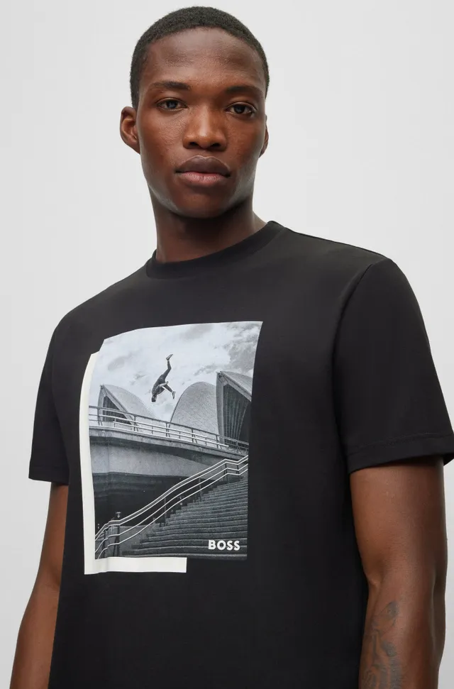 BOSS - Mercerised-cotton T-shirt with repeat-logo collar