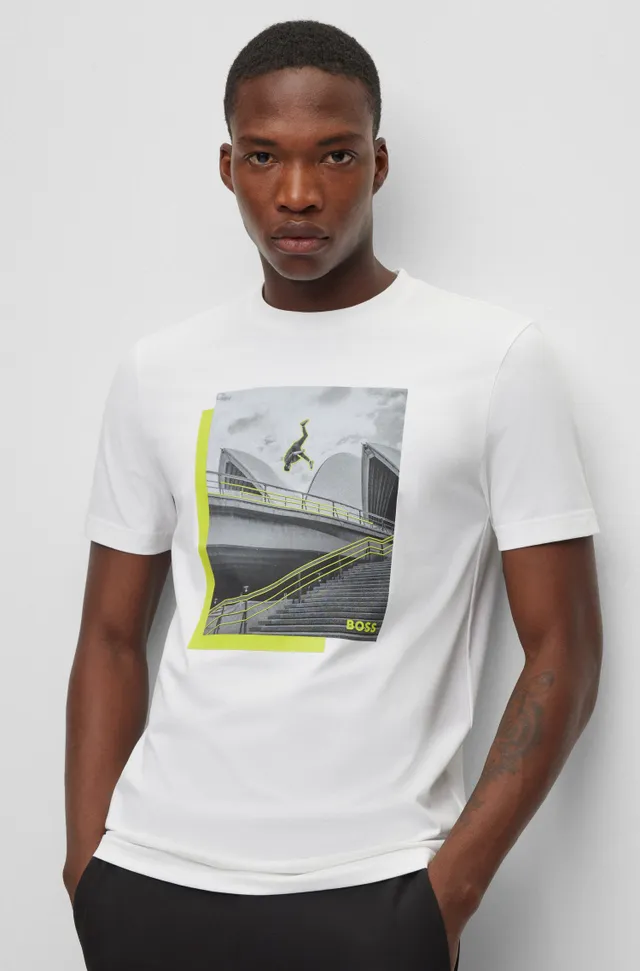 BOSS - Mercerised-cotton T-shirt with repeat-logo collar