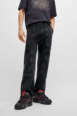 Loose-fit jeans black denim with adjustable hems