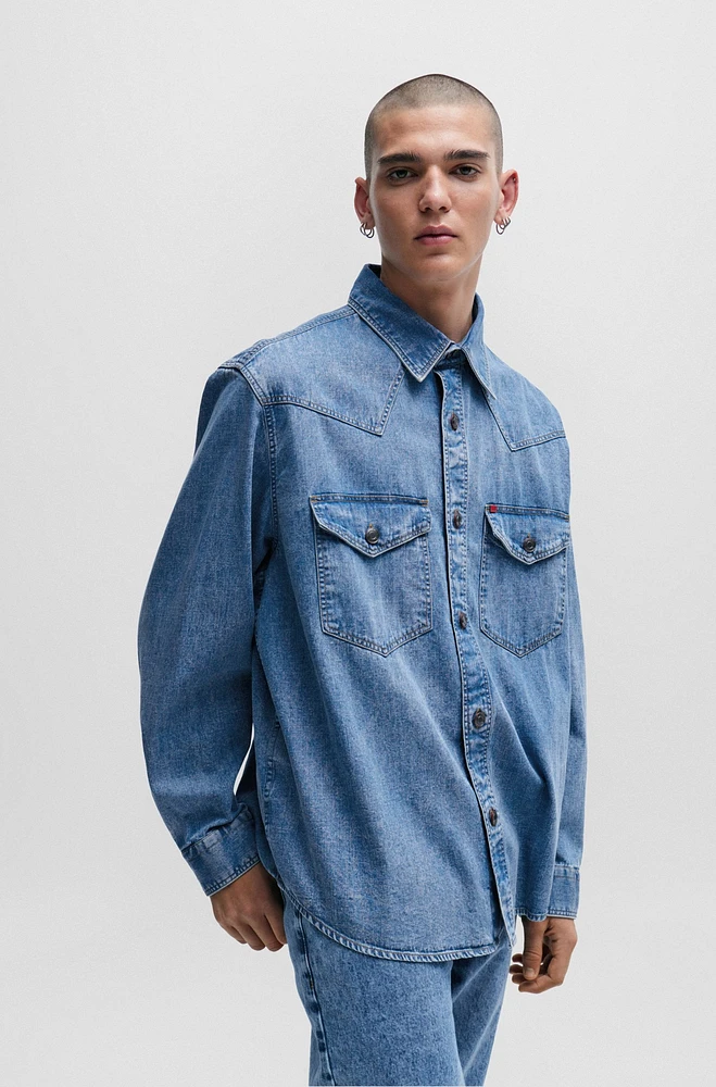 Oversize-fit denim shirt with flap chest pockets