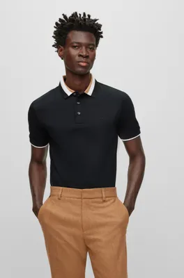 Mercerized-cotton polo shirt with signature-stripe collar