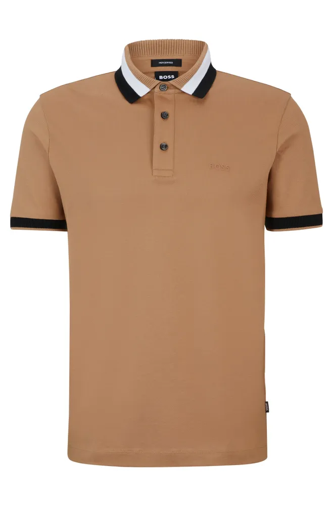 Mercerized-cotton polo shirt with signature-stripe collar