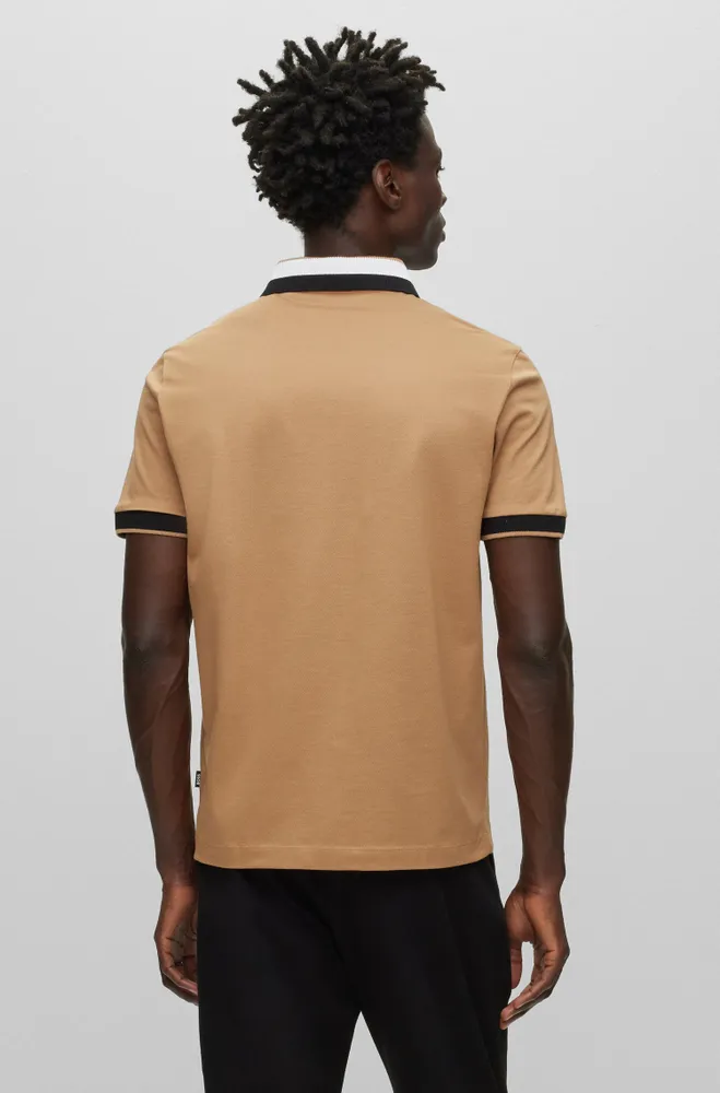 Mercerized-cotton polo shirt with signature-stripe collar