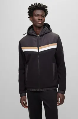 Mixed-material zip-up hoodie with signature-stripe detail