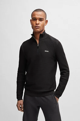 Zip-neck sweater stretch fabric with contrast logo