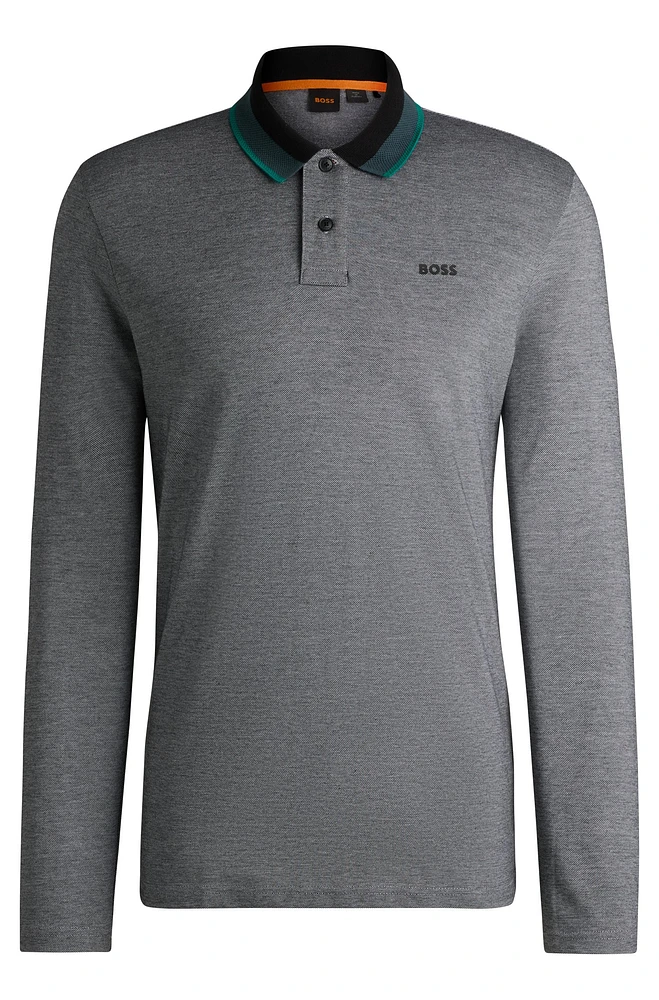 Long-sleeved cotton-piqué polo shirt with logo print