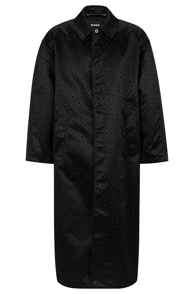 Coated-jacquard coat with concealed placket and cotton lining