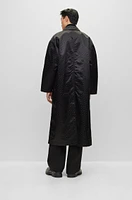 Coated-jacquard coat with concealed placket and cotton lining