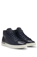 BOSS - Leather high-top trainers with signature-stripe sole Dark Blue