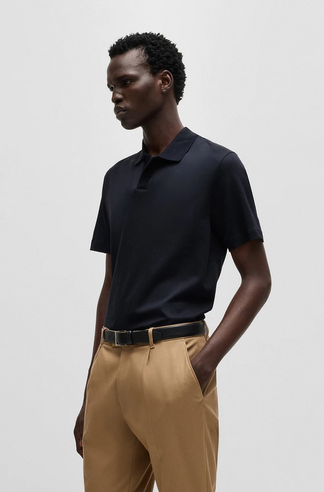 Johnny-collar polo shirt mixed-structure cotton