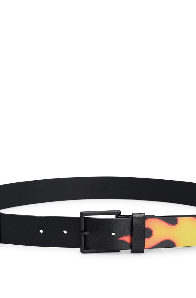 Reversible Italian-leather belt with stacked logo and flames