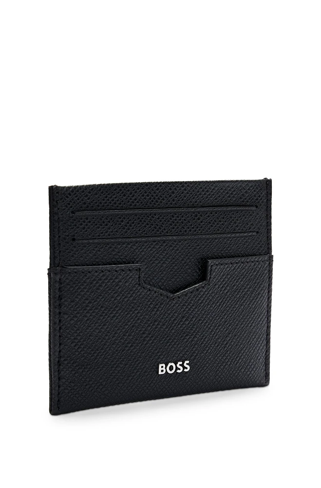 Embossed-leather card holder with metal logo lettering