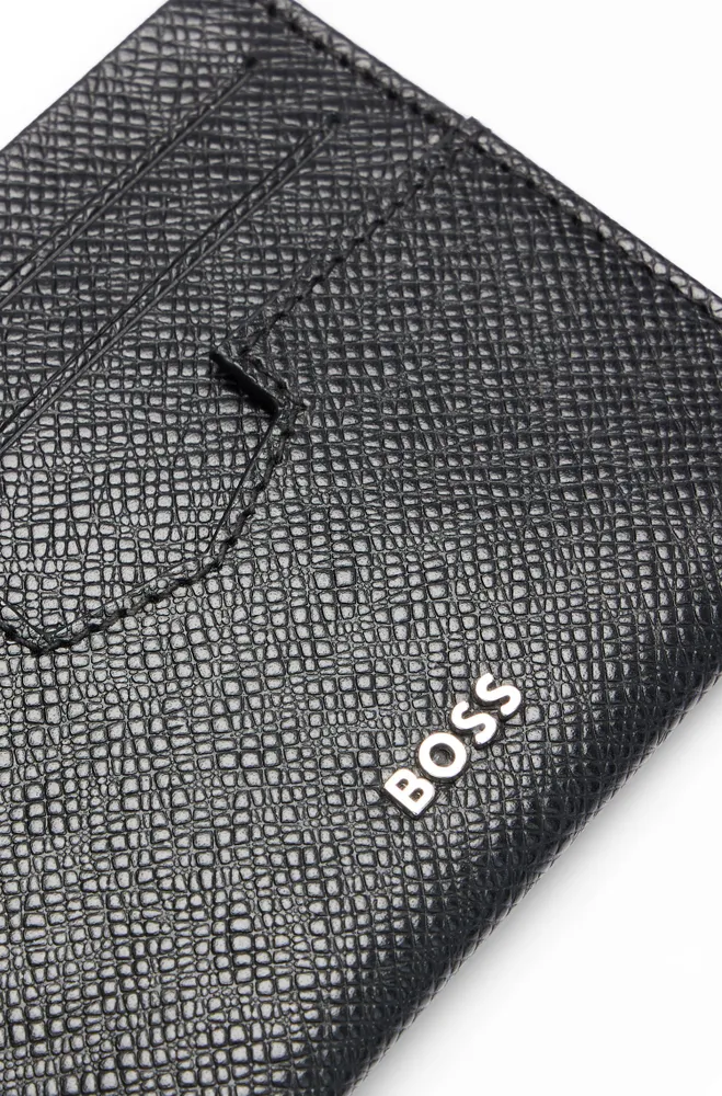 Embossed-leather card holder with metal logo lettering