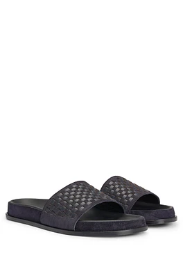 Mixed-leather slides with woven upper strap