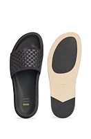 Mixed-leather slides with woven upper strap