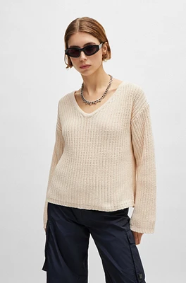 Oversize-fit long-sleeved sweater with V neckline