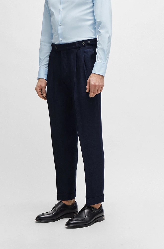 BOSS - Relaxed-fit trousers herringbone virgin wool and linen Light Blue