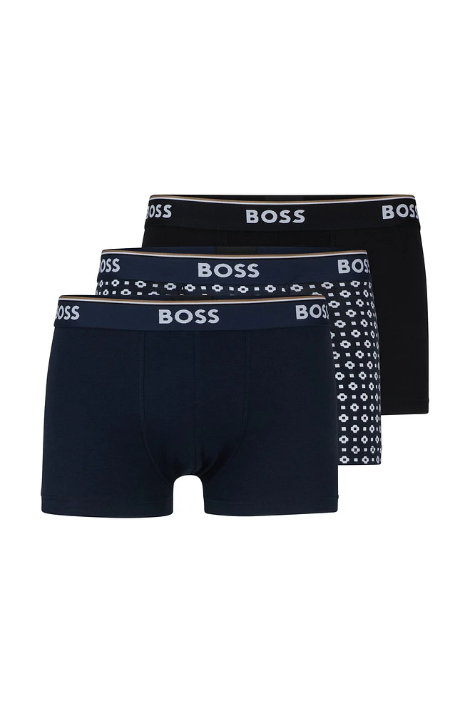 BOSS - Three-pack of stretch-cotton trunks with logo waistbands Patterned