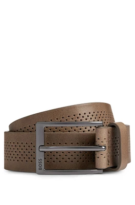 Cinturón de piel italiana con correa calada y hebilla bronce industrial