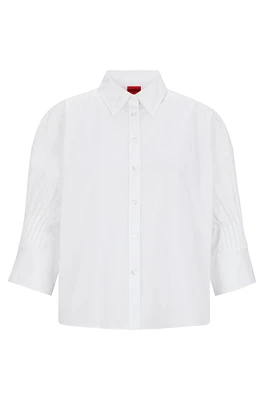 Blusa regular fit en popelín de algodón con mangas plisadas